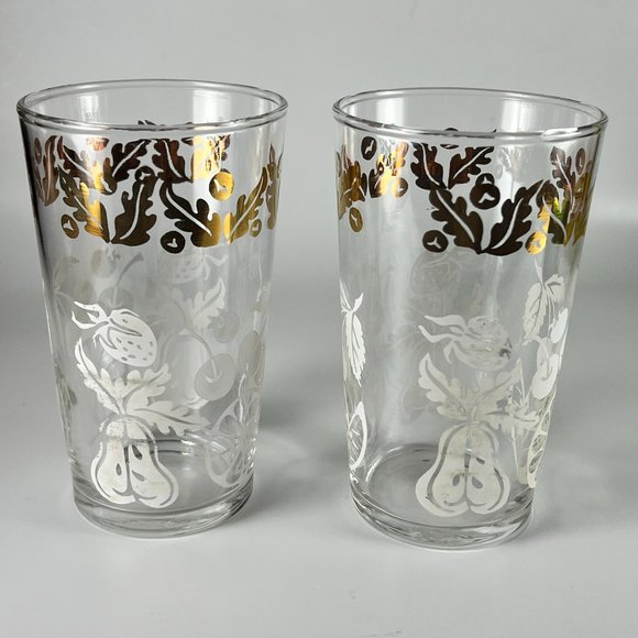 Vtg Federal Glass Fruit Gold Leaf Motif Glassware Barware 10oz Lot of 2 - Picture 1 of 15